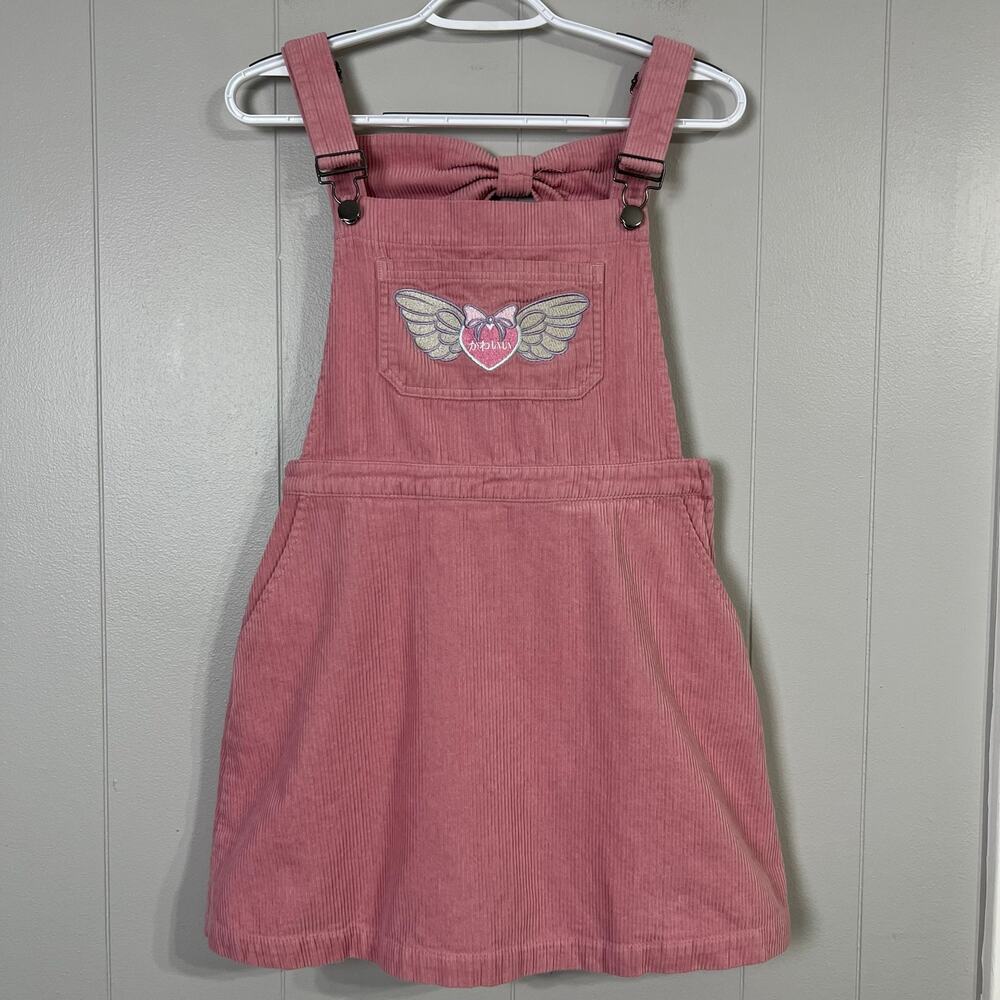 Hot Topic Pink Kawaii Corduroy Skirtall Dress Small Winged Heart Bow Pockets